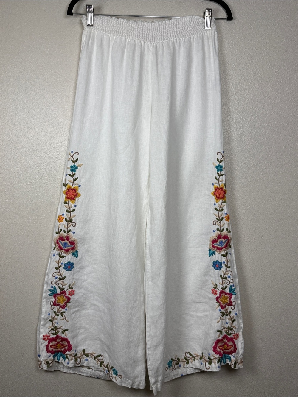 Johnny Was JW Los Angeles Linen Pants S Pull On Embroidered White Wide Leg Boho